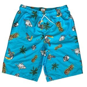 Wonder Nation Boys Swim Trunks Blue Tropical Sharks. M103
